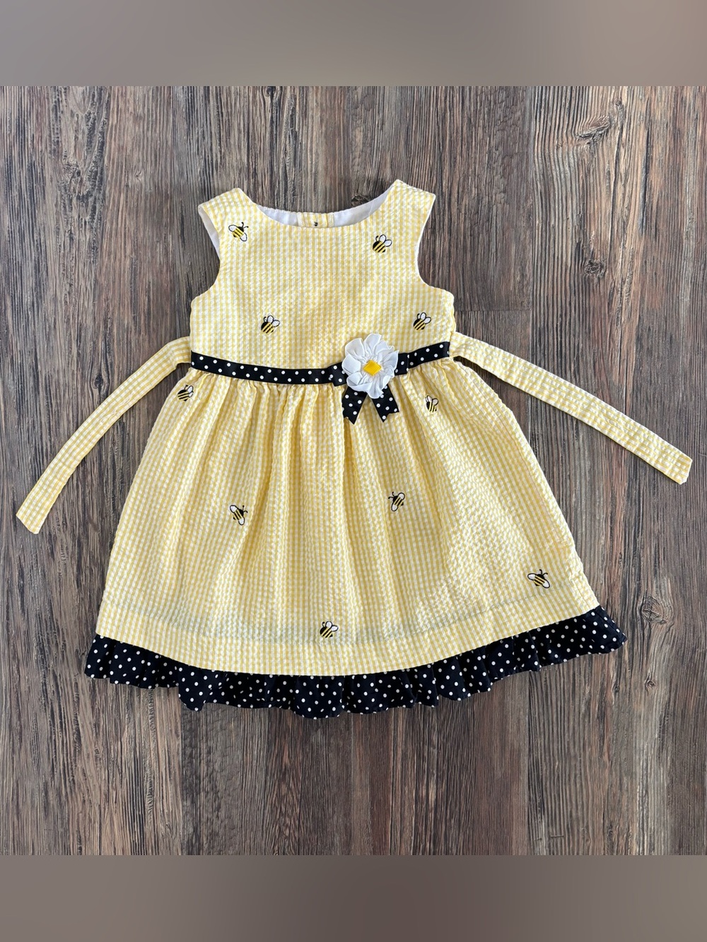 Counting Daisies Seersucker Gingham Sleeveless Dress 4T Yellow Bumblebees Daisy